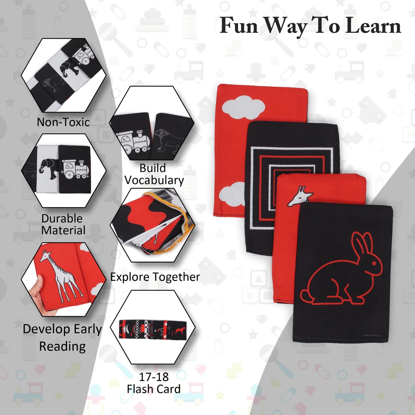 PiK A BOO Black & White Cloth Flash Cards | Early Learning & Brain Fun (Set of 18)