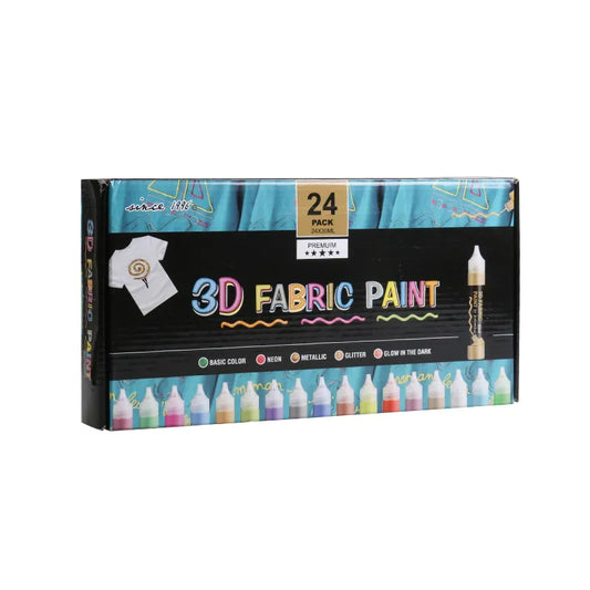 3D Fabric paint 24 Colours Metallic & Glitter Colors, Glow-in-The-Dark & Vibrant Shades, Textile Paint for Clothing, Accessories, Ceramic & Glass