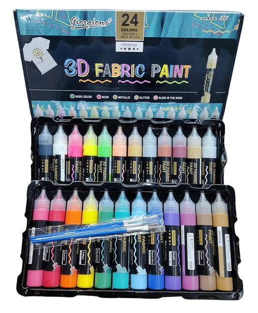 3D Fabric paint 24 Colours Metallic & Glitter Colors, Glow-in-The-Dark & Vibrant Shades, Textile Paint for Clothing, Accessories, Ceramic & Glass
