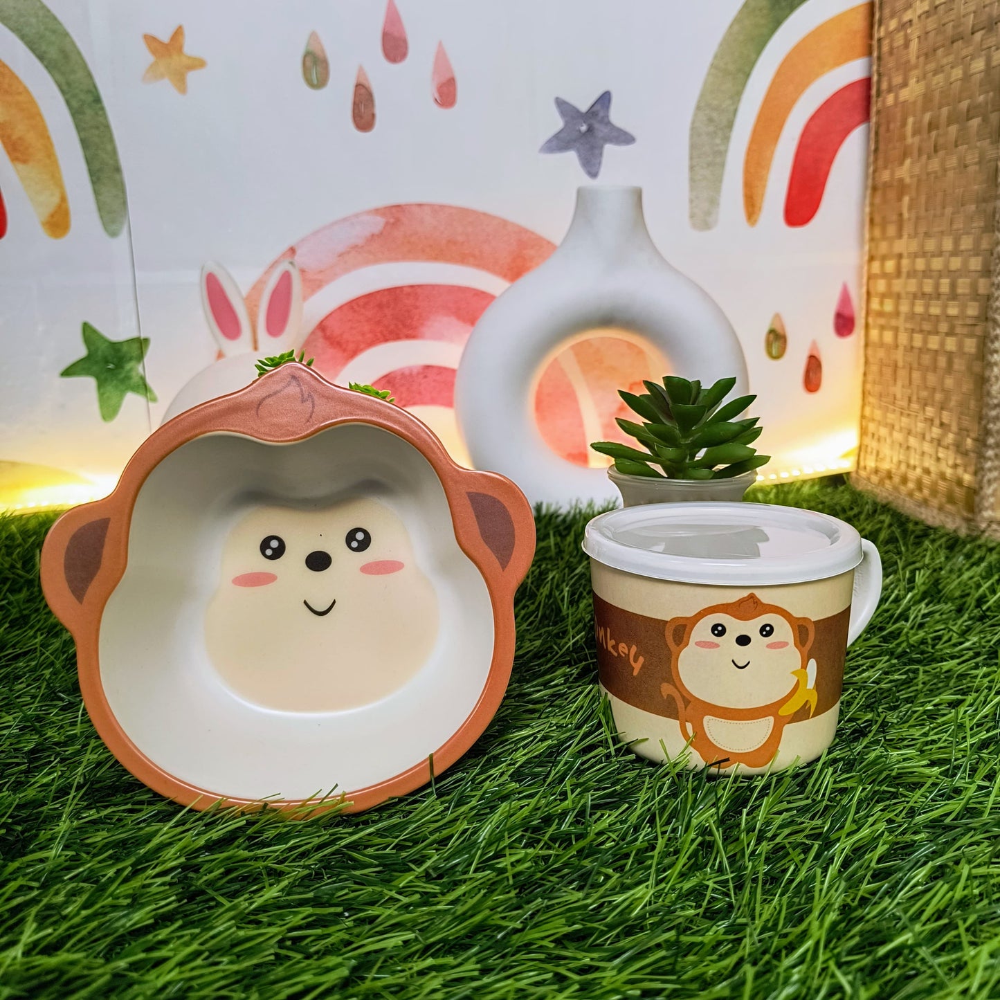 Monkey-Shaped Bamboo Fiber Tableware Set for Kids – Perfect for Baby Self-Feeding