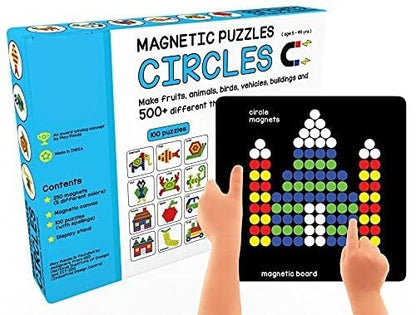 Magnetic Puzzle Circles – 250 Colorful Magnets with Board, Display Stand & 100 Fun Challenges for Kids