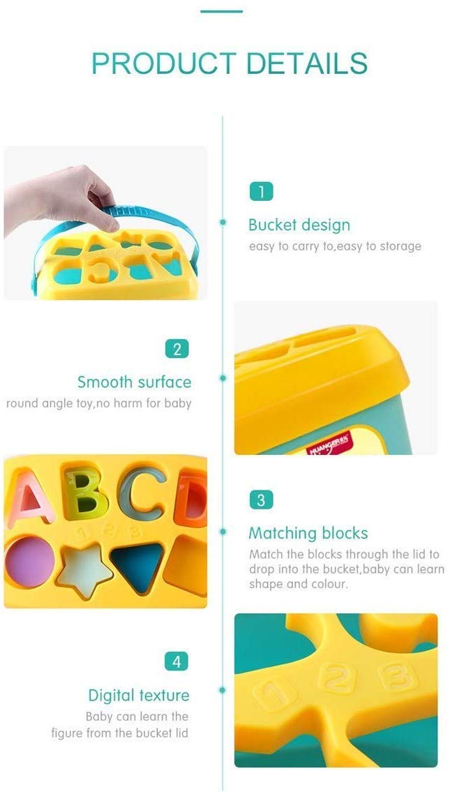 Baby First Block Shapes and Sorter, 16 Blocks, ABCD & Other Shapes Toys for 6 Months to 2 Years Old Kids for Boys and Girls