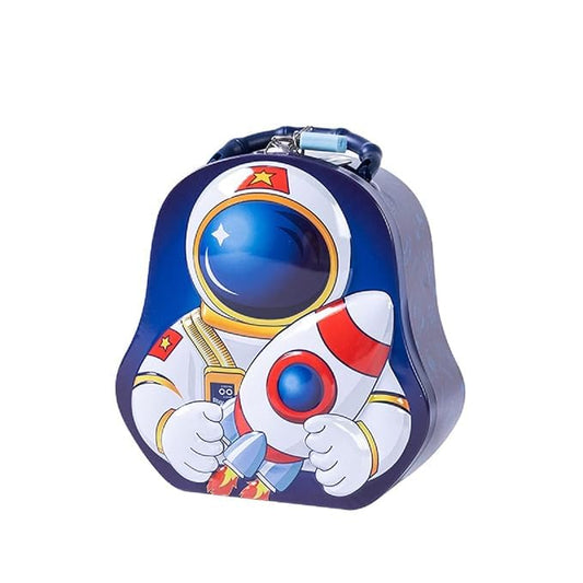 Space Theme Metal Piggy Bank for Kids | Money Saving Tin Coin Bank with Lock and Key