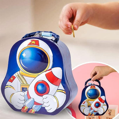 Space Theme Metal Piggy Bank for Kids | Money Saving Tin Coin Bank with Lock and Key