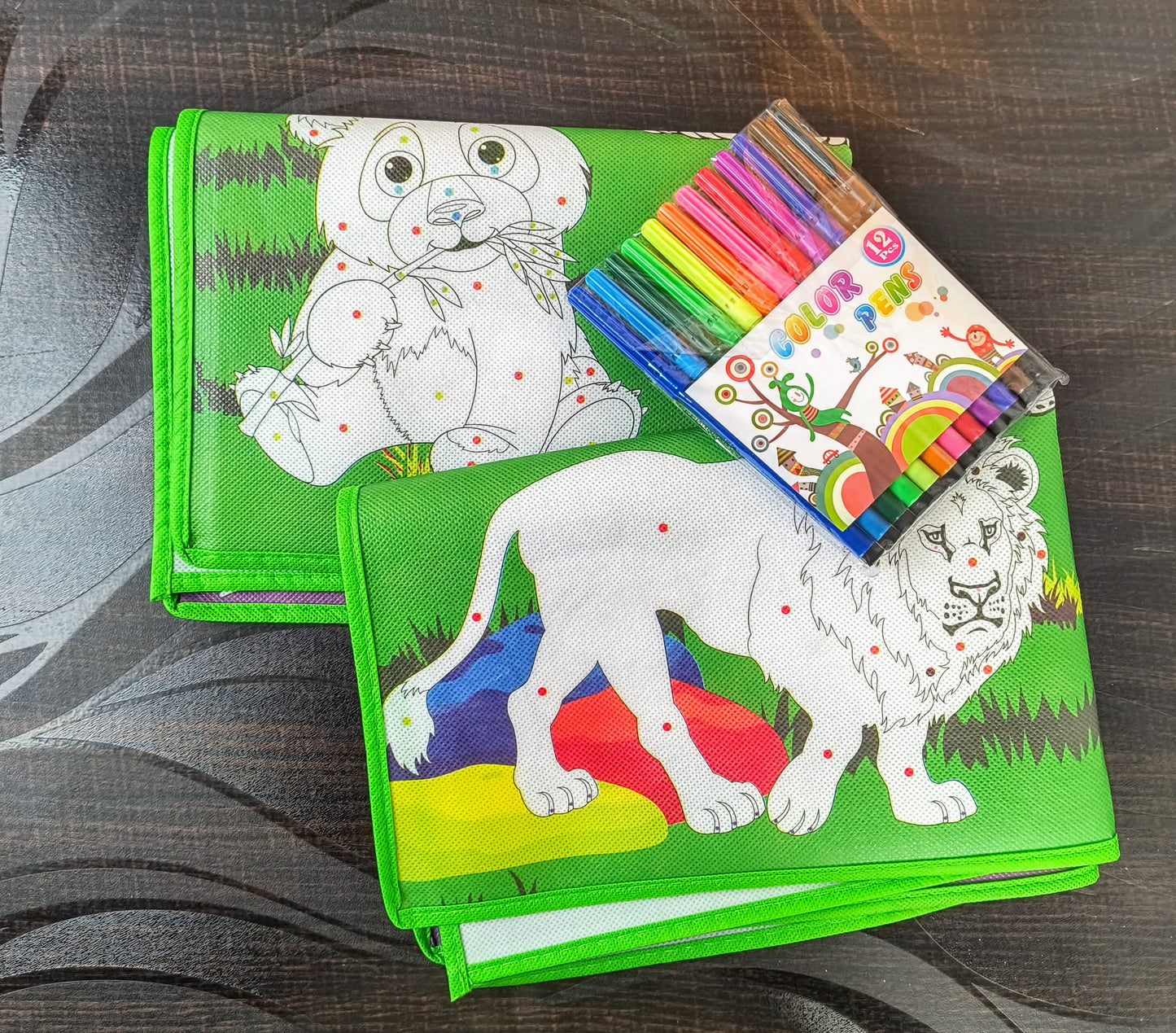 Reusable Table Mat Kids Colouring with 2 Fun Designs & 12 Pens For Kids Toddlers Return Gifts