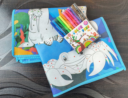 Reusable Table Mat Kids Colouring with 2 Fun Designs & 12 Pens For Kids Toddlers Return Gifts