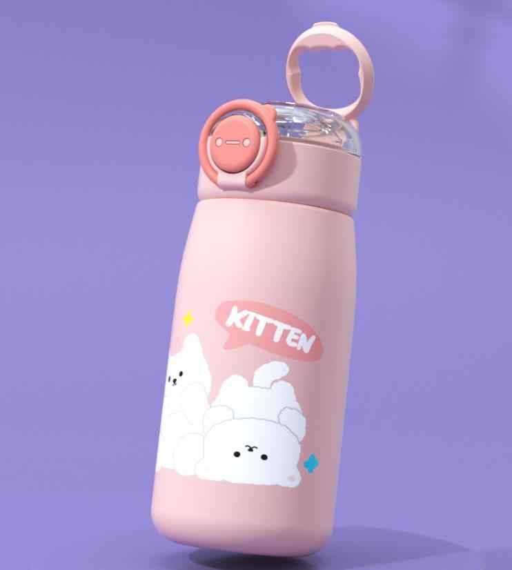 Cute Animals Design Insulated Straw Stainless Steel Water Bottle with Straw, 470 ML (GTB-9004)