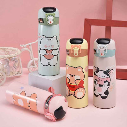 Cartoon Thick Straw Stainless Steel Insulated Water Bottle with Smart Temperature Display for Kids, 450ML ( 3355 )