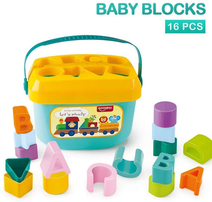 Baby First Block Shapes and Sorter, 16 Blocks, ABCD & Other Shapes Toys for 6 Months to 2 Years Old Kids for Boys and Girls