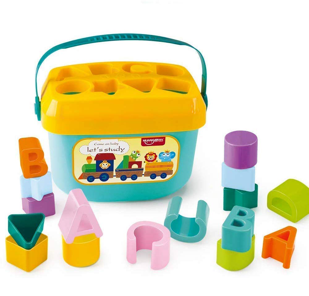 Baby First Block Shapes and Sorter, 16 Blocks, ABCD & Other Shapes Toys for 6 Months to 2 Years Old Kids for Boys and Girls