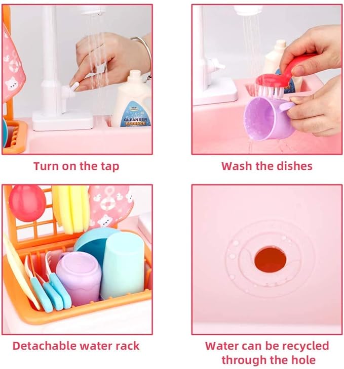 Kitchen Sink Pretend Play Dishwasher with Running Water for Kids