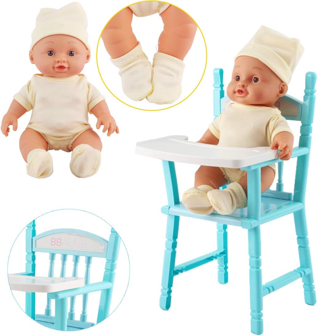 My First Baby Doll toy set includes miniature baby, pram, high chair, accessories and doll with sound functions