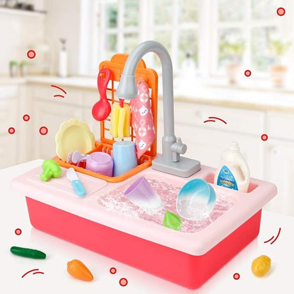 Kitchen Sink Pretend Play Dishwasher with Running Water for Kids