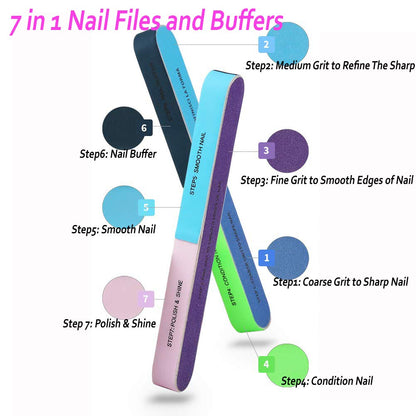 Nail File and Buffer Block Nail Buffering Files 7 Steps Washable Emery Boards Professional Manicure Tools (1 Pcs)