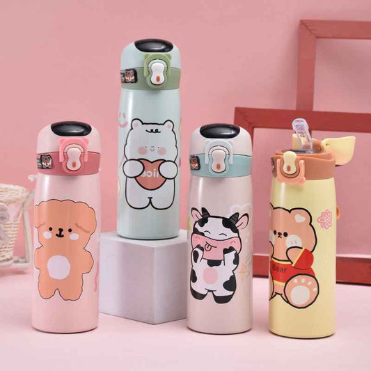 Cartoon Thick Straw Stainless Steel Insulated Water Bottle with Smart Temperature Display for Kids, 450ML ( 3355 )