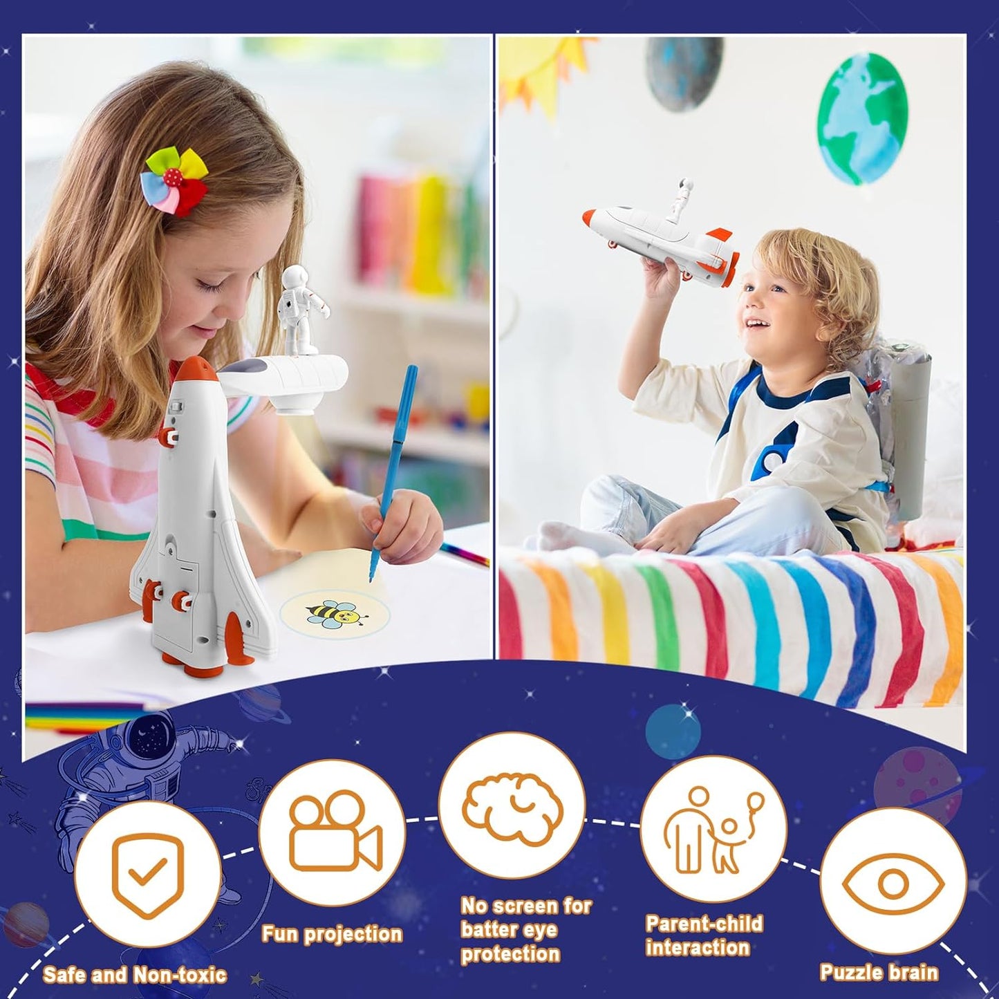 Space Aircrafts Projection Drawing Board for Toddler Drawing Table with 18 Patterns for kids