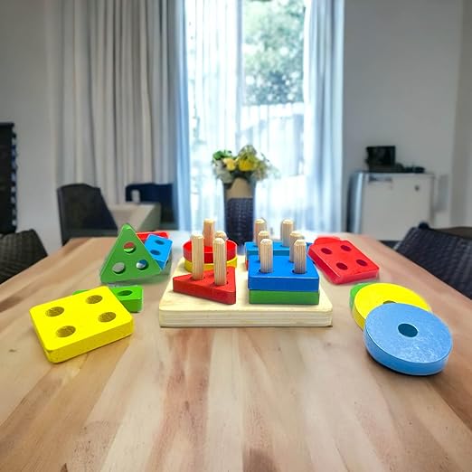 Wooden Shape Sorter Stacking Toy – Geometric Shape Puzzle for Toddlers | Ages 1+