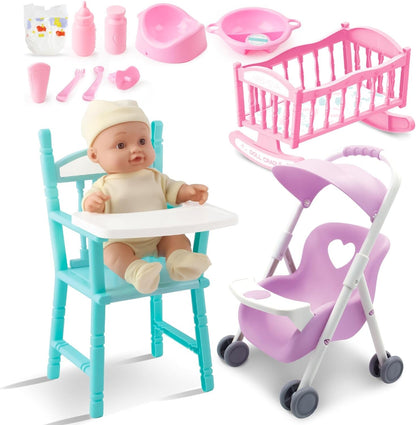My First Baby Doll toy set includes miniature baby, pram, high chair, accessories and doll with sound functions