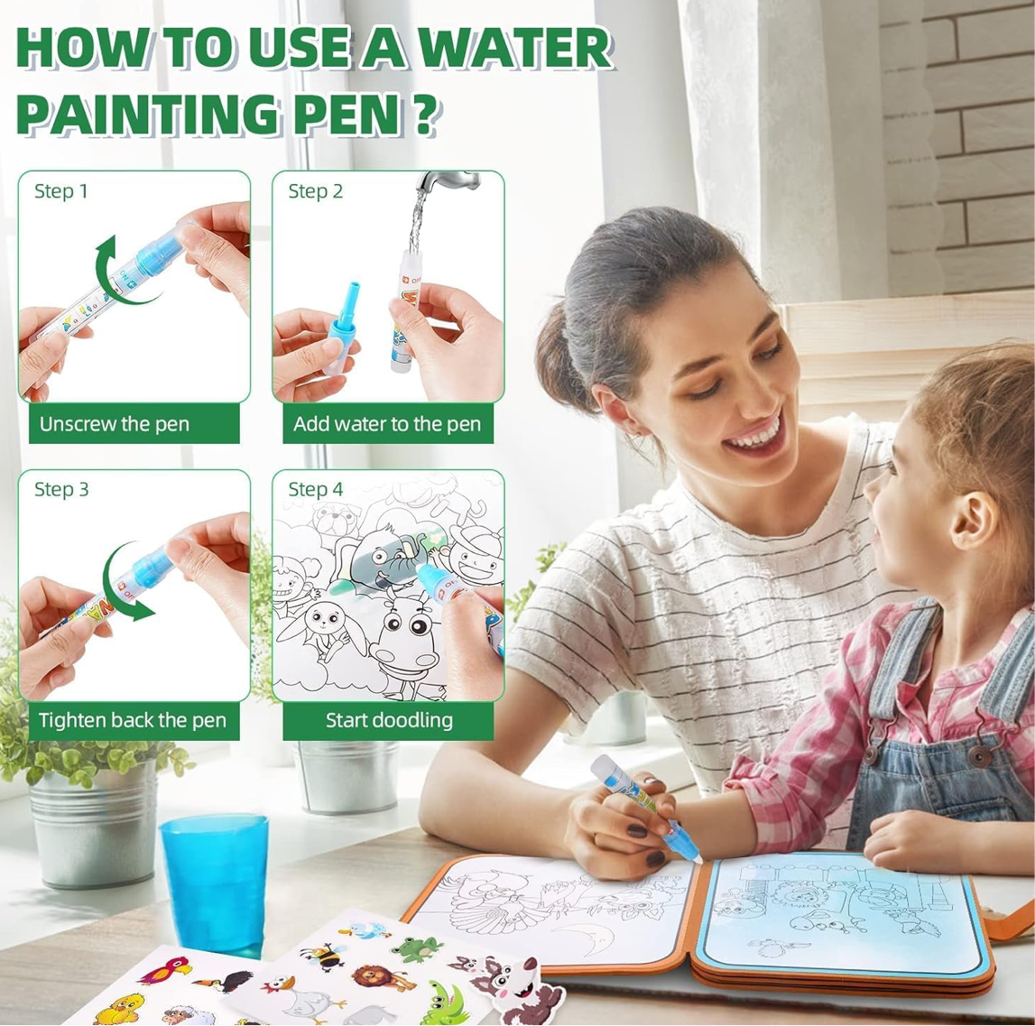 PiK A BOO Magic Sticker Water Painting Book – Reusable Water Art Book for Kids 3+ | No-Mess Coloring with Water Pen (Assorted Designs)