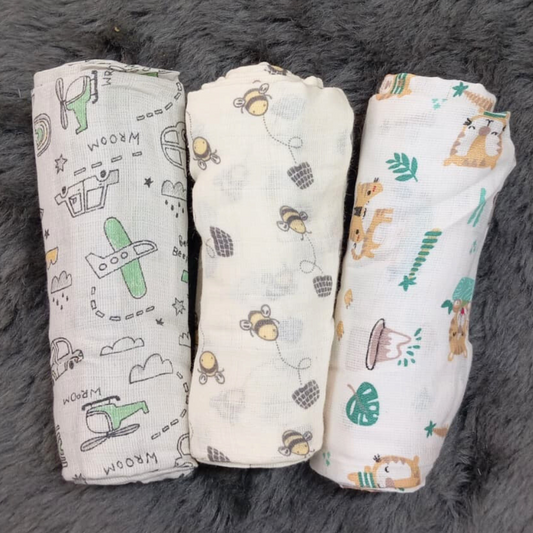 Airplane Tiger Honey Bee Organic Cotton Baby Swaddle Blanket – 42x42 inches Set of 3