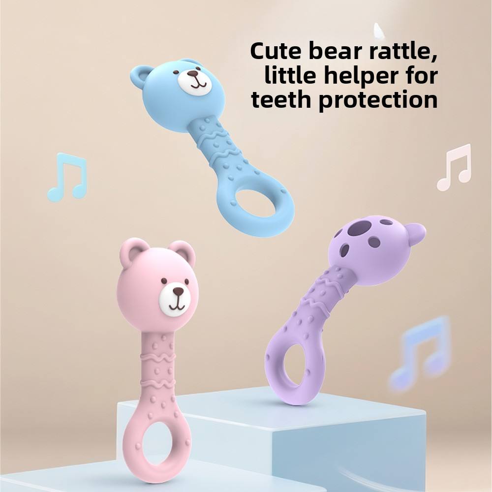 Bear Handle Silicone Teether Rattle - BPA Free Baby Teething Toy (Assorted)