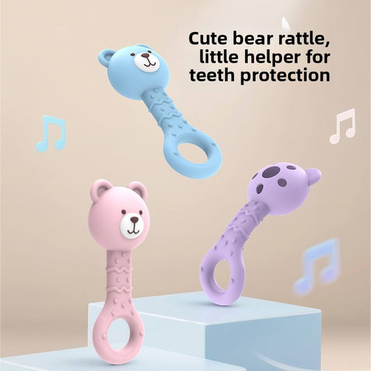 Bear Handle Silicone Teether Rattle - BPA Free Baby Teething Toy (Assorted)