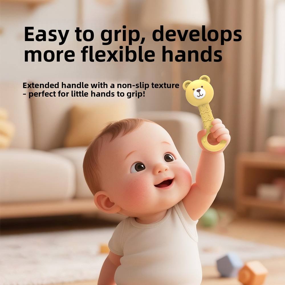 Bear Handle Silicone Teether Rattle - BPA Free Baby Teething Toy (Assorted)