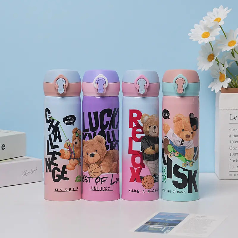 Bear Themed Stainless Steel Insulated Water Bottle 420ML for Kids & Adults leak-proof, and perfect for school or travel ( 3359)