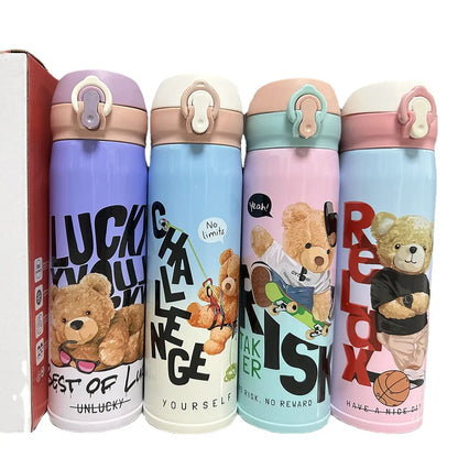 Bear Themed Stainless Steel Insulated Water Bottle 420ML for Kids & Adults leak-proof, and perfect for school or travel ( 3359)