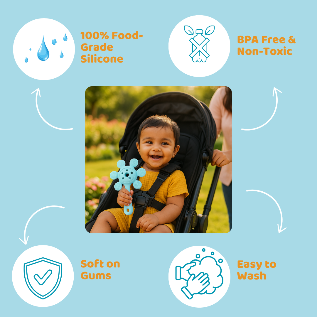 Sun Silicone Teether Rattle Toy – Soft, Safe Teething Relief for Babies 3-12M ( Assorted )