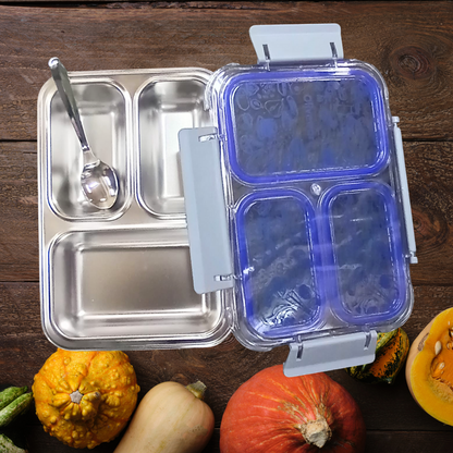 Buy 1 Get 1 Blue Bento Master 3 Insulated Steel Lunch Box  3 Compartments & Spoon Leakproof