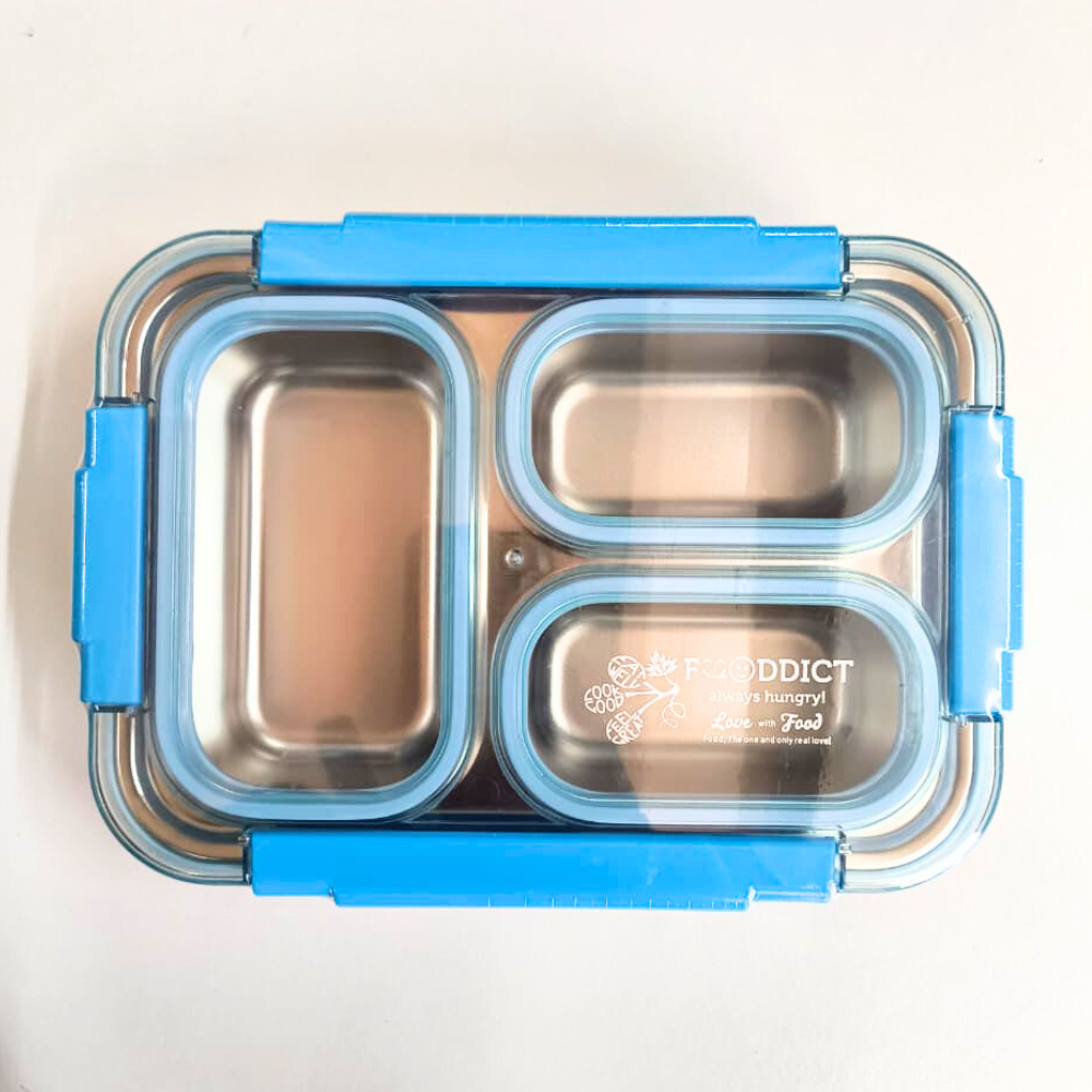 Blue Tokyo Table Stainless Steel Lunch Box – 3 Compartment Leakproof Tiffin