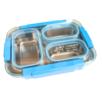 Blue Tokyo Table Stainless Steel Lunch Box – 3 Compartment Leakproof Tiffin