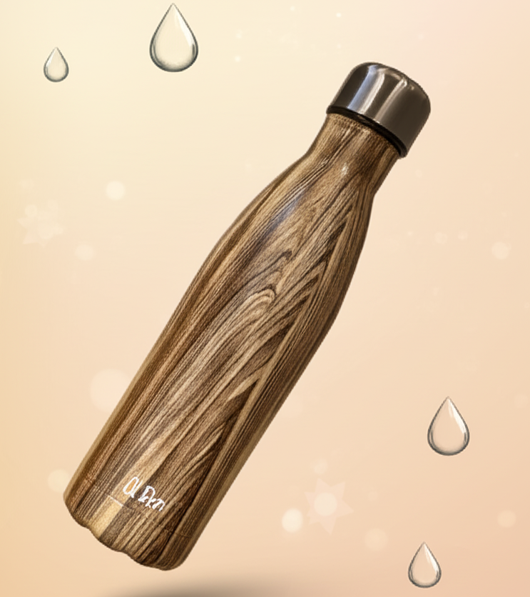 Wooden-Style Thermal Water Bottle – 500ml Leakproof Stainless Steel Hot & Cold Flask