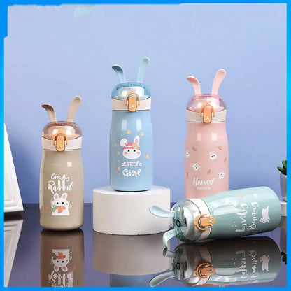 BunnySip Kids Water Bottle 300 ml – Cute Rabbit Ear Straw Sipper, Leakproof, BPA-Free, Insulated Stainless Steel Flask for School & Travel