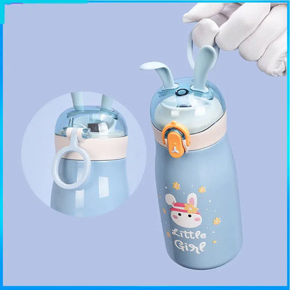 BunnySip Kids Water Bottle 300 ml – Cute Rabbit Ear Straw Sipper, Leakproof, BPA-Free, Insulated Stainless Steel Flask for School & Travel