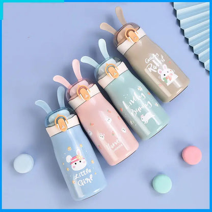 BunnySip Kids Water Bottle 300 ml – Cute Rabbit Ear Straw Sipper, Leakproof, BPA-Free, Insulated Stainless Steel Flask for School & Travel