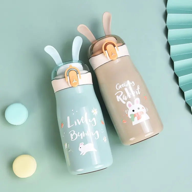 BunnySip Kids Water Bottle 300 ml – Cute Rabbit Ear Straw Sipper, Leakproof, BPA-Free, Insulated Stainless Steel Flask for School & Travel