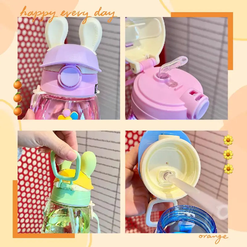 Bunny Kids Water Bottle | BPA-Free Spill-Proof Sipper with Straw & Flip Lid for School & Travel