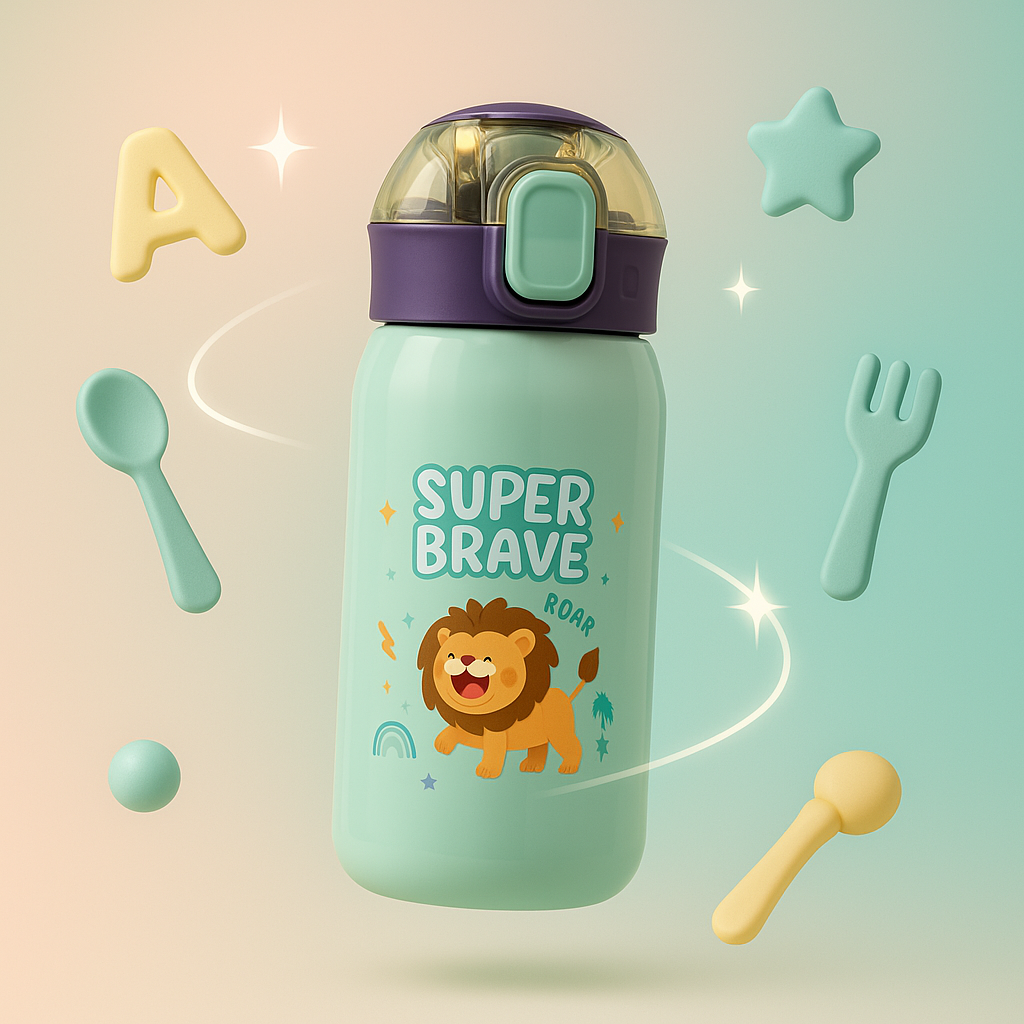 Green Brave Lion Thermos Water Bottle – 500ml Kids Insulated Flask with Straw Lid & Leakproof Design