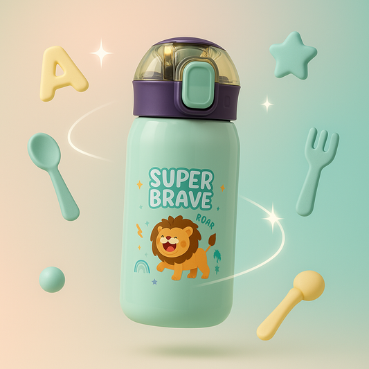 Green Brave Lion Thermos Water Bottle – 500ml Kids Insulated Flask with Straw Lid & Leakproof Design
