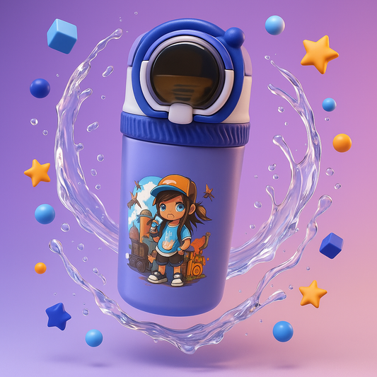 Purple Cartoon Thermos Water Bottle – 550ml Leakproof Insulated Steel Cup with Display