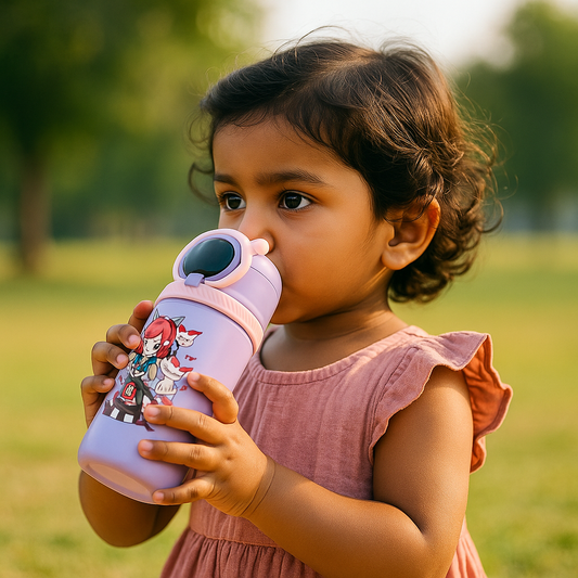 Lavender Cartoon Insulated Water Bottle – 550ml Steel Thermos with Temp Display for Kids