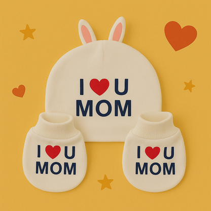 Adorable I Love You Mom  White Set - Printed Mittens, Booties & Cap for Your Little Bundle of Joy