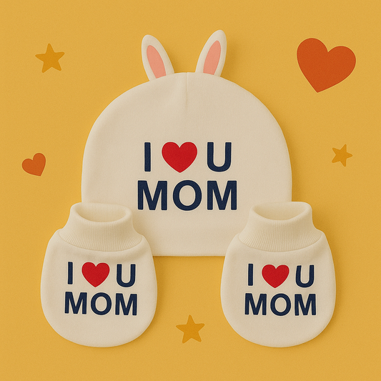 Adorable I Love You Mom  White Set - Printed Mittens, Booties & Cap for Your Little Bundle of Joy