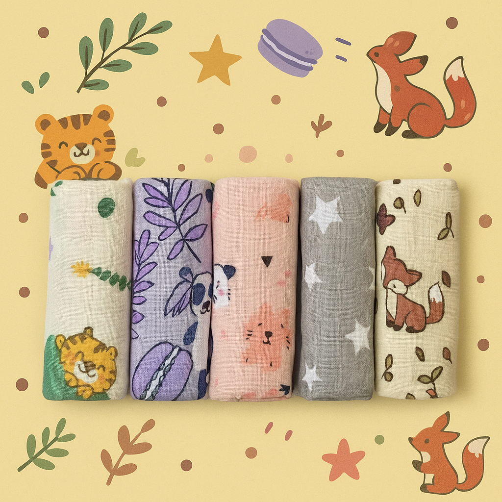 Set of 5 Organic Muslin Washcloths | 4-Layer Design-3 – Ultra-Soft, Gentle & Highly Absorbent for Baby’s Delicate Skin
