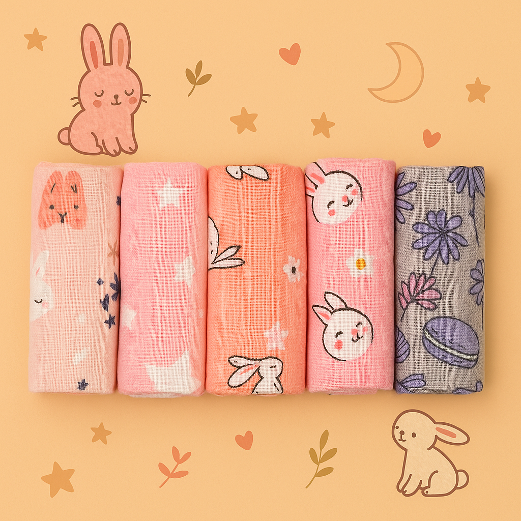 Set of 5 Organic Muslin Washcloths | 4-Layer Design-1 – Ultra-Soft, Gentle & Highly Absorbent for Babies