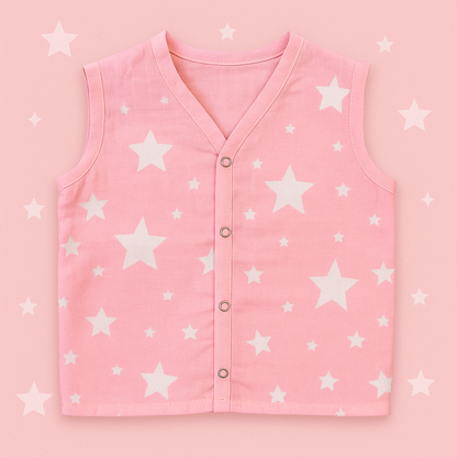 Organic Muslin Vest Set of 3 | Cherry, Star & Rabbit Designs – Soft, Breathable & Buttoned for Easy Dressing