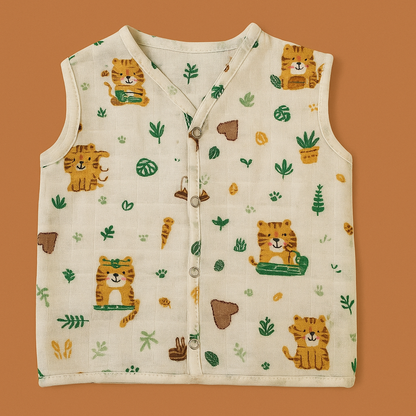 Organic Muslin Vest Set of 3 | Tiger, Bee & Vehicle Designs – Soft, Breathable & Buttoned for Easy Dressing