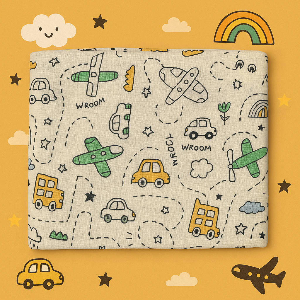 Vehicle Adventure | Soft Muslin Hooded Baby Wrapper – Cute Car & Vehicle Design for Cozy Comfort